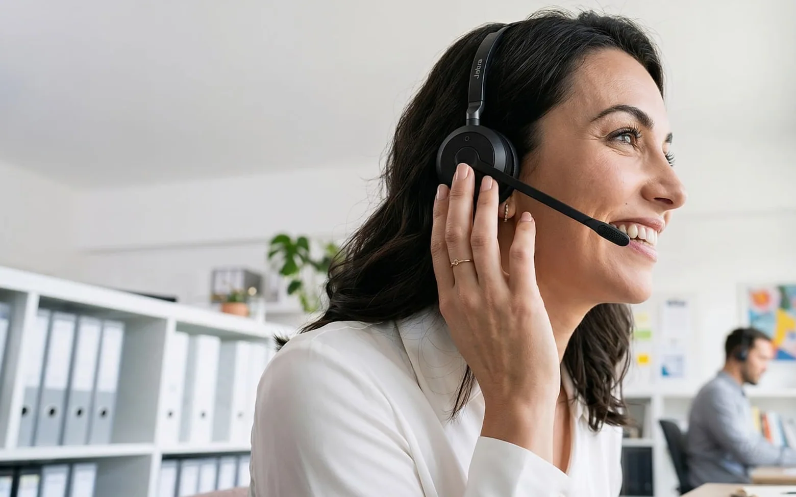 Office, headset and smiling woman